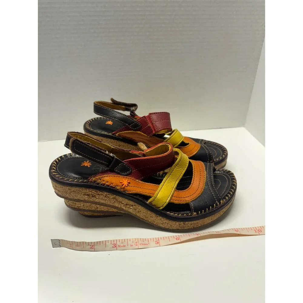 Art Company 992 Multi Color Leather Cork Wedge Platform Sandals Womens 39 8.5‎